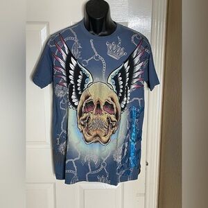 Christian Audigier Shirt Mens Medium Blue Skull Wings Rhinestone All Over Print 
